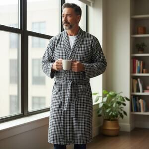 Merona Men's Black White Red Plaid Cotton Robe Kimono Style Loungewear Size S/M